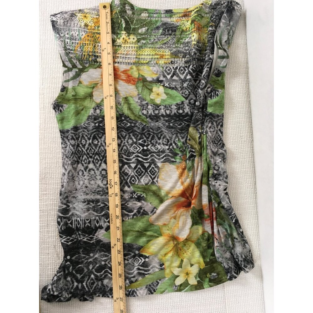 No Boundaries Womens Top Size L Green Yellow Black Floral Sequins Sleeveless - Picture 10 of 12